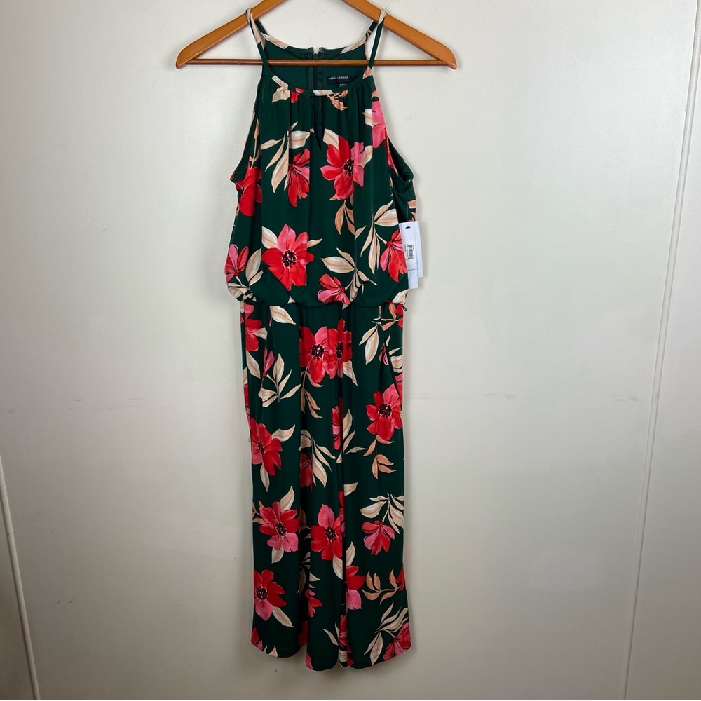 Maggy‎ London Green Tropical Floral High Neck Jumpsuit Wide Leg NWT Size 4 Trip